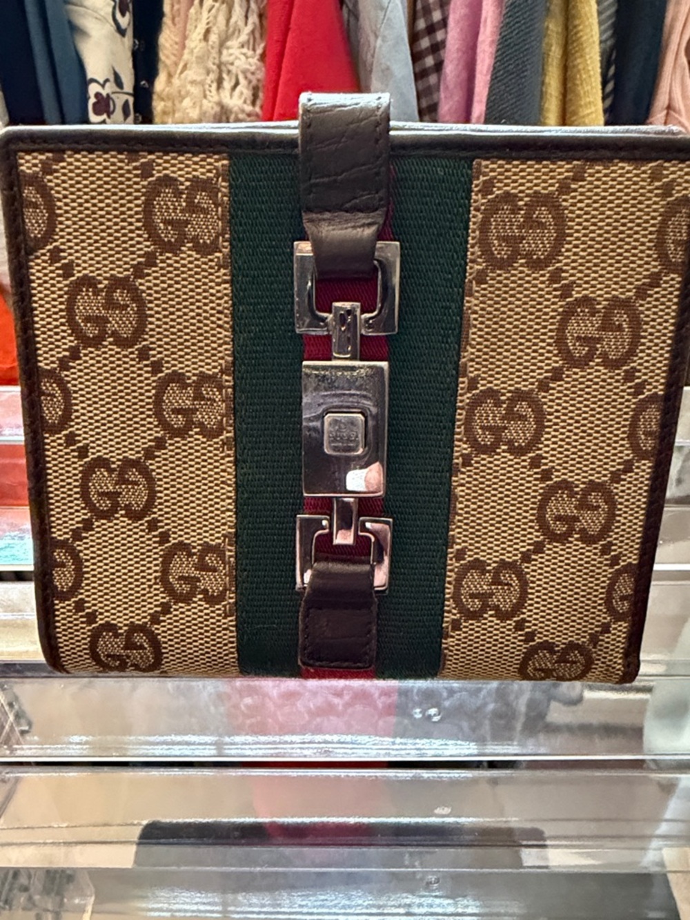 Gucci Beige/Brown Monogram Canvas Wallet with Green-Red Stripe. Authenticity